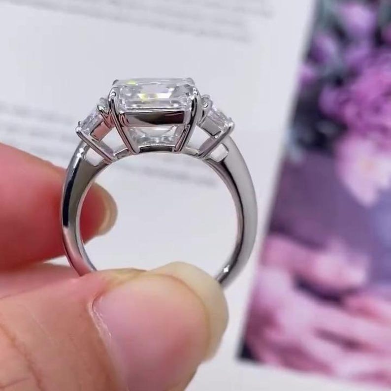 Asscher 5.40tcw Lab Diamond Ring | Trapezoid Side Stones | Three Stone | IGI Certified image 3