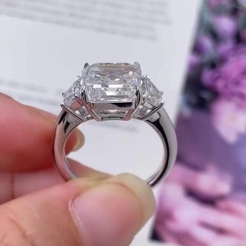 Asscher 5.40tcw Lab Diamond Ring | Trapezoid Side Stones | Three Stone | IGI Certified image 7