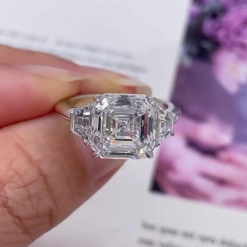 Asscher 5.40tcw Lab Diamond Ring | Trapezoid Side Stones | Three Stone | IGI Certified image 6