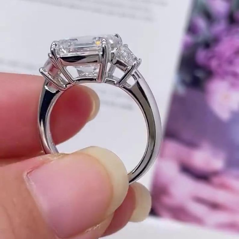 Asscher 5.40tcw Lab Diamond Ring | Trapezoid Side Stones | Three Stone | IGI Certified image 5