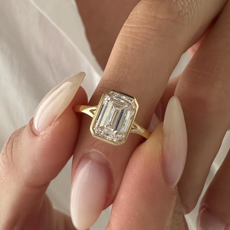 3 Carat Emerald Cut E VVS2 Lab Grown Diamond Bezel Set Solitaire Ring / Art Deco Emerald Diamond Ring / 14k Gold Cathedral Engagement Ring image 7