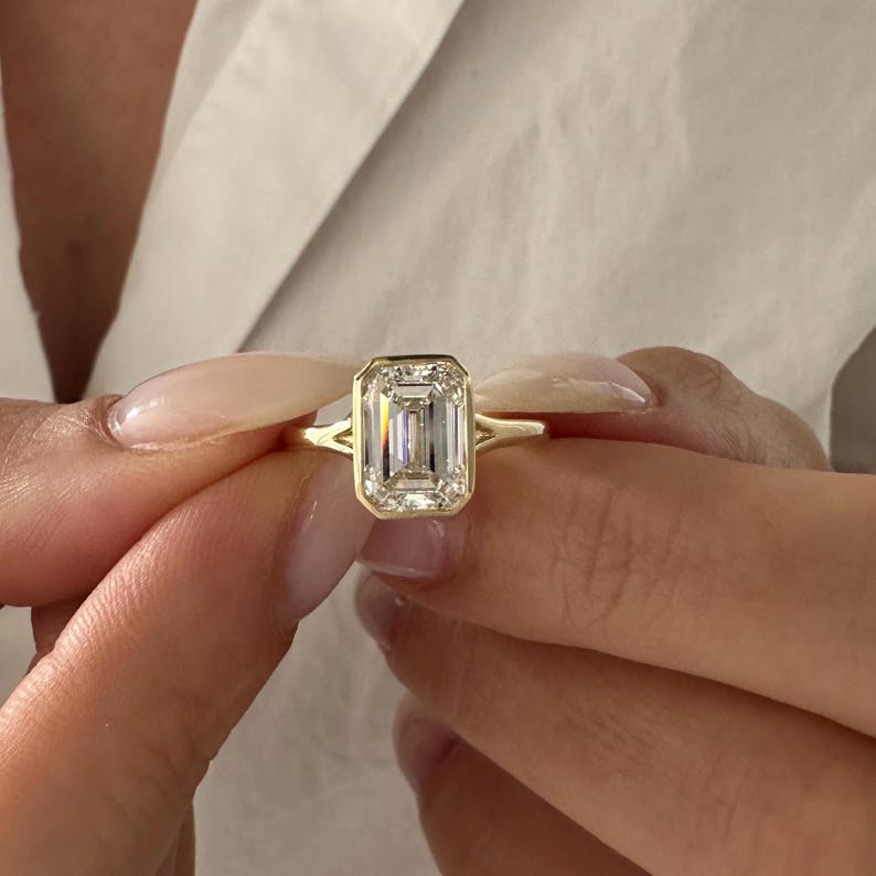 3 Carat Emerald Cut E VVS2 Lab Grown Diamond Bezel Set Solitaire Ring / Art Deco Emerald Diamond Ring / 14k Gold Cathedral Engagement Ring image 5