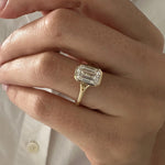 Load image into Gallery viewer, 3 Carat Emerald Cut E VVS2 Lab Grown Diamond Bezel Set Solitaire Ring / Art Deco Emerald Diamond Ring / 14k Gold Cathedral Engagement Ring image 2
