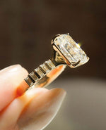Load image into Gallery viewer, Close-up of radiant 5.15 carat total weight lab grown diamond ring with intricate pave work and split shank structure. A dazzling custom engagement ring designed for high-impact proposals. This wedding ring is perfect for her, combining eco-conscious design with stunning brilliance.