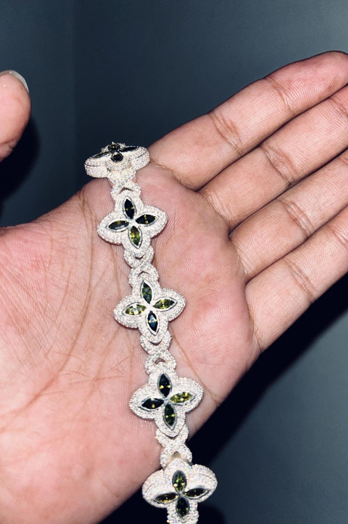 Unique Men's Green Peridot Marquise Cut Bracelet, Infinity Link & VVS Diamond, Four-Leaf Clover Charm, Tester Approved image 4