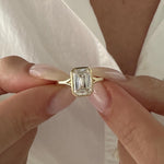 Load image into Gallery viewer, 3 Carat Emerald Cut E VVS2 Lab Grown Diamond Bezel Set Solitaire Ring / Art Deco Emerald Diamond Ring / 14k Gold Cathedral Engagement Ring image 6