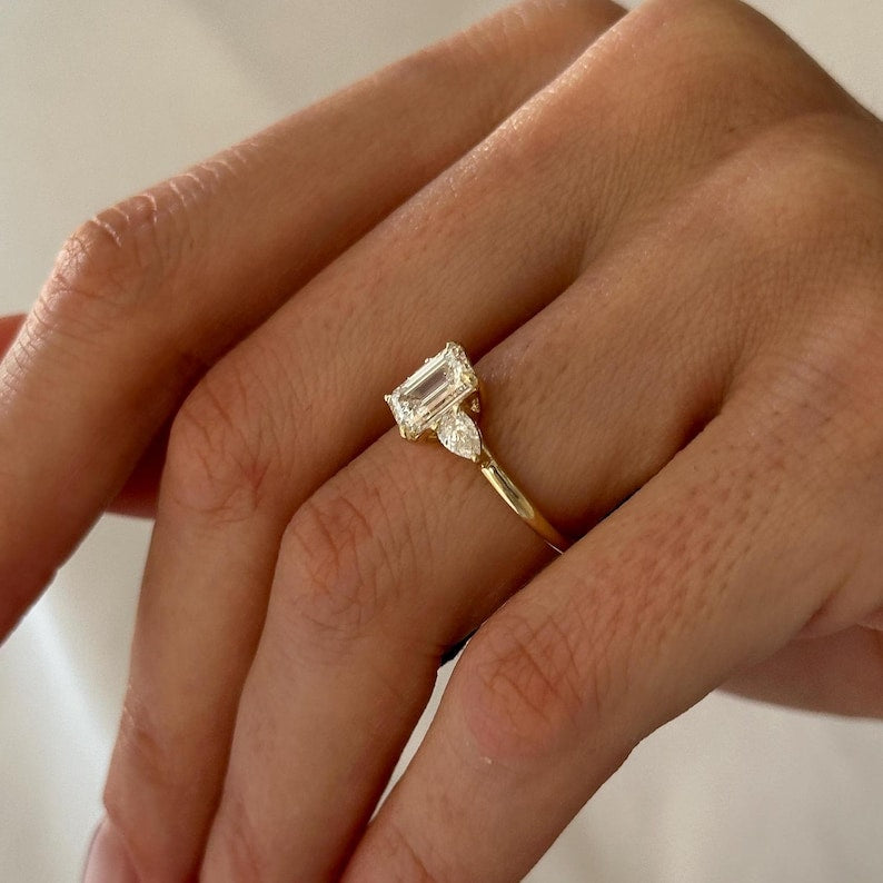 1.5 Carat Emerald Cut E VVS2 Lab Grown Diamond Three Stone Ring / 1.8 Carat Total / Emerald and Pear Cut 3 Stone Ring / Trilogy Ring / Triad image 7