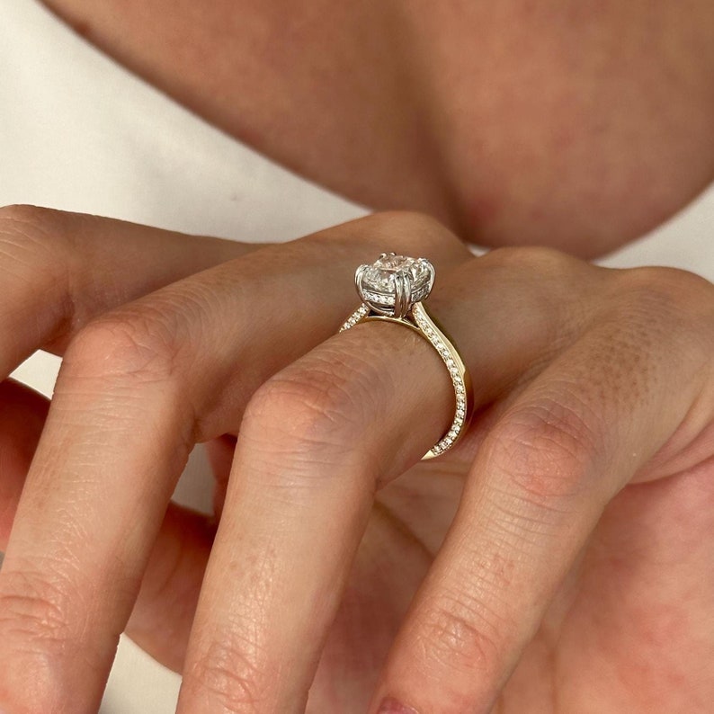 UNIQUE 2 Carat Cushion Lab Grown Diamond Hidden Halo Engagement Ring , Side Pave Diamonds Shank , Two Tone Proposal Ring , D VVS2 IGI Cert image 1