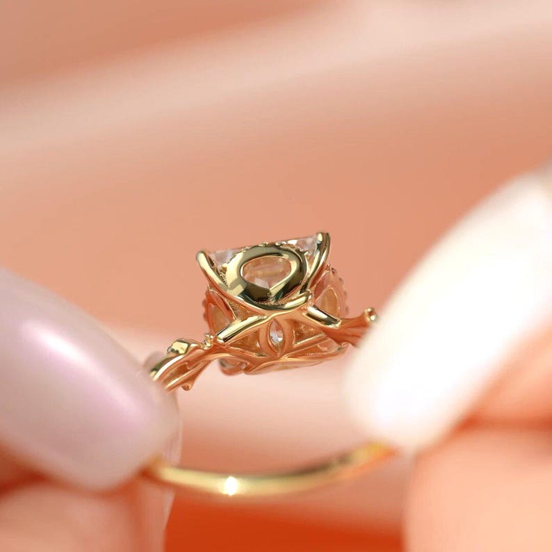 2CT princess hidden-halo solitaire, leaf vine band, solid gold, lab-grown or moissanite image 3