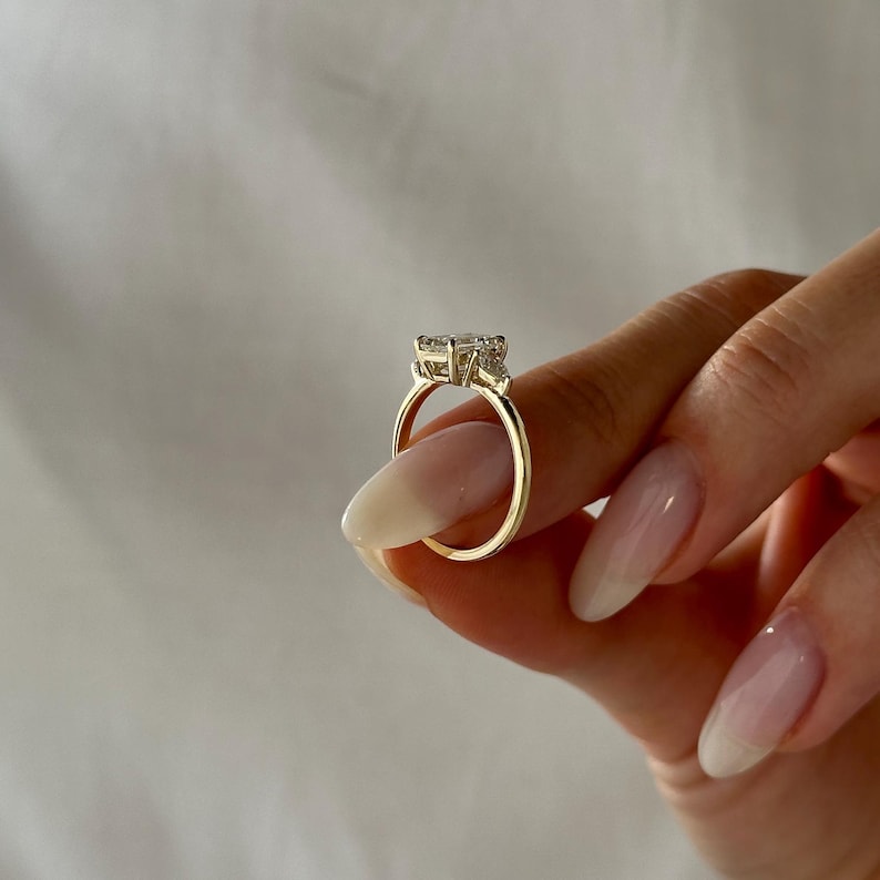 1.5 Carat Emerald Cut E VVS2 Lab Grown Diamond Three Stone Ring / 1.8 Carat Total / Emerald and Pear Cut 3 Stone Ring / Trilogy Ring / Triad image 5