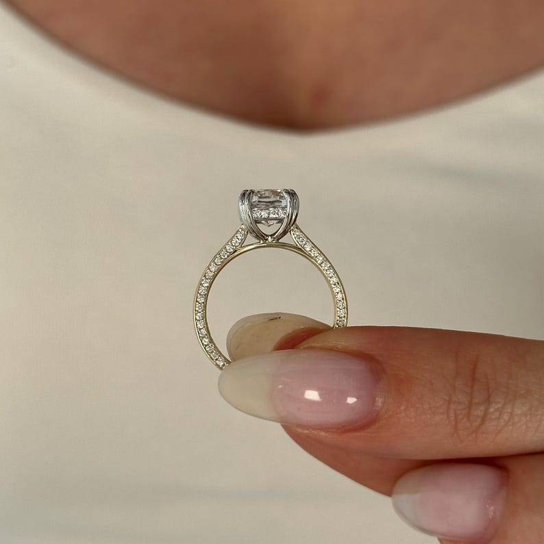 UNIQUE 2 Carat Cushion Lab Grown Diamond Hidden Halo Engagement Ring , Side Pave Diamonds Shank , Two Tone Proposal Ring , D VVS2 IGI Cert image 9
