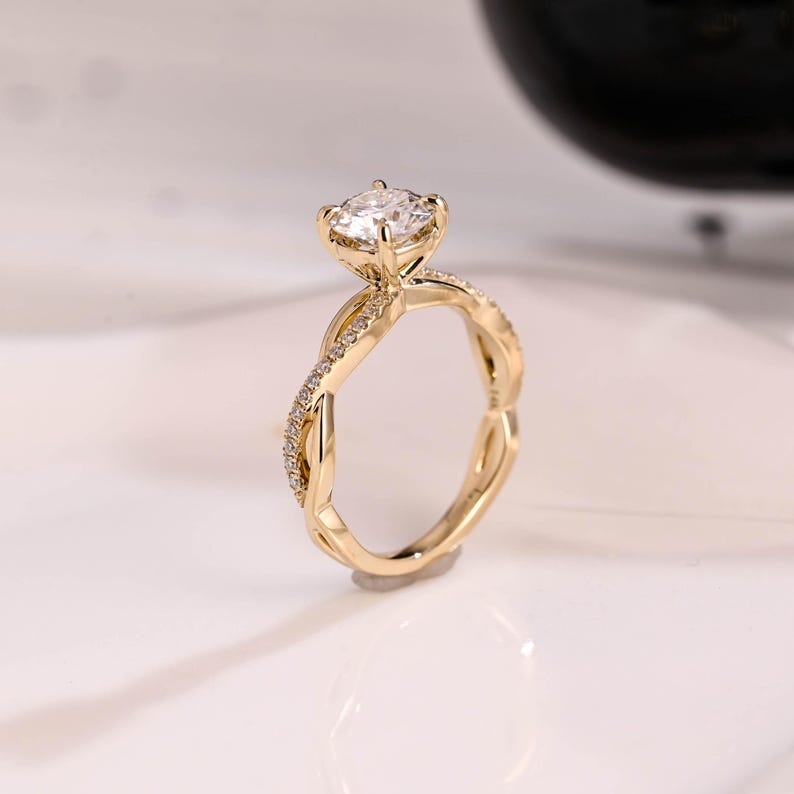 Solid Gold Twisted Band Round Cut Moissanite Engagement Ring, Infinity Promise Ring, Dainty Proposal Ring, Anniversary Gifts for Women Wife image 8
