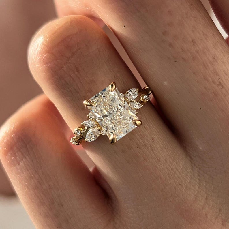 2 Carat Radiant Lab Grown Diamond Nature Inspired Ring / Radiant Twig Lab Diamond Ring / 18k gold Leaf and Branch Ring / Unique Nature Ring image 6