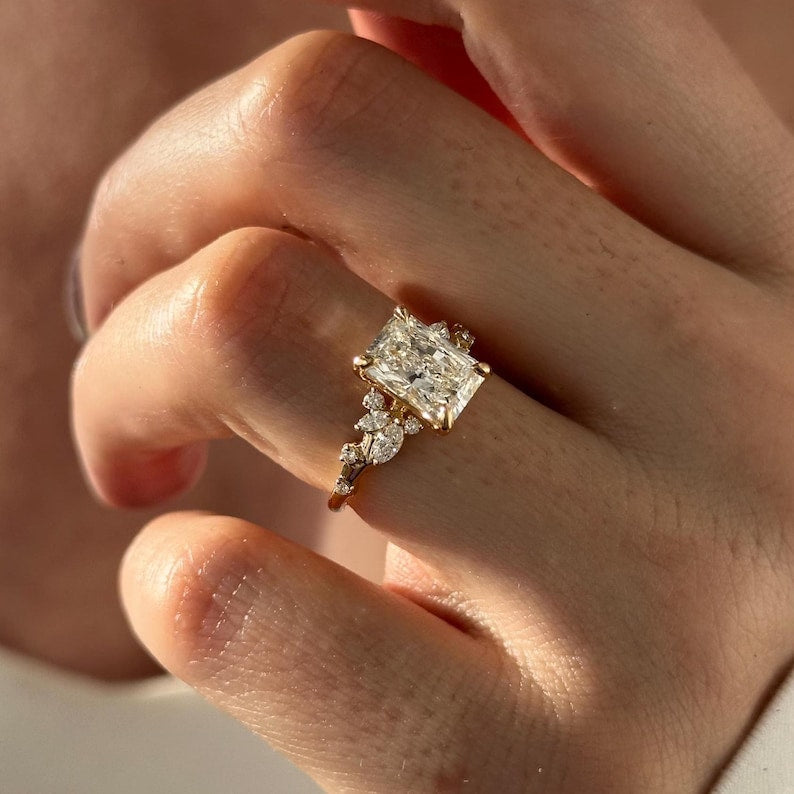 2 Carat Radiant Lab Grown Diamond Nature Inspired Ring / Radiant Twig Lab Diamond Ring / 18k gold Leaf and Branch Ring / Unique Nature Ring image 3