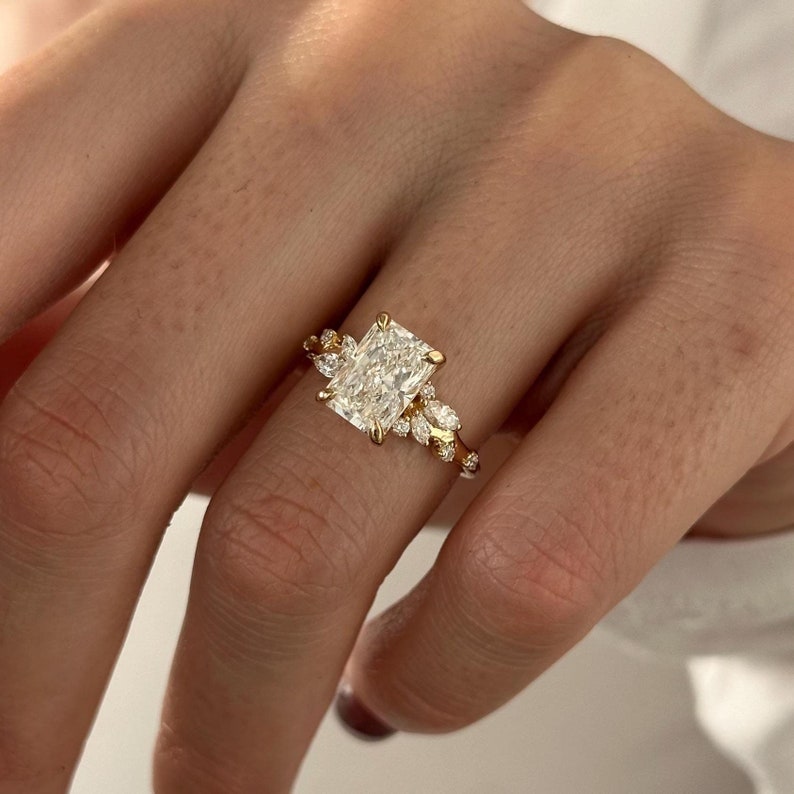 2 Carat Radiant Lab Grown Diamond Nature Inspired Ring / Radiant Twig Lab Diamond Ring / 18k gold Leaf and Branch Ring / Unique Nature Ring image 1