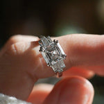 Load image into Gallery viewer, 4.50tcw Asscher cut lab grown diamond engagement ring with a secure double prong setting, IGI certified for ethical brilliance. A timeless anniversary ring or forever classic piece, crafted to celebrate true love.