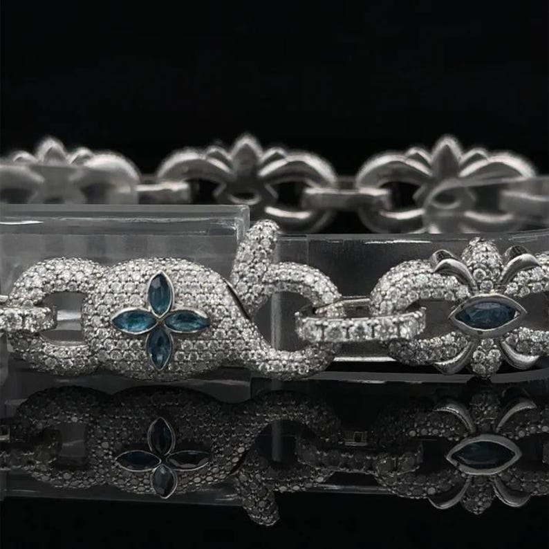 New VVS1 Diamond Cross Link Bracelet Blue Four-Leaf Clover Bracelet, Pass Diamond Tester, For Men / Women, Made in pure 925 Sterling Silver image 3