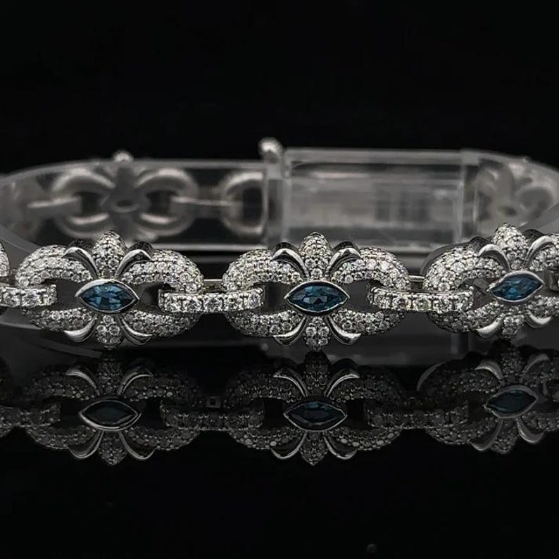 New VVS1 Diamond Cross Link Bracelet Blue Four-Leaf Clover Bracelet, Pass Diamond Tester, For Men / Women, Made in pure 925 Sterling Silver image 1
