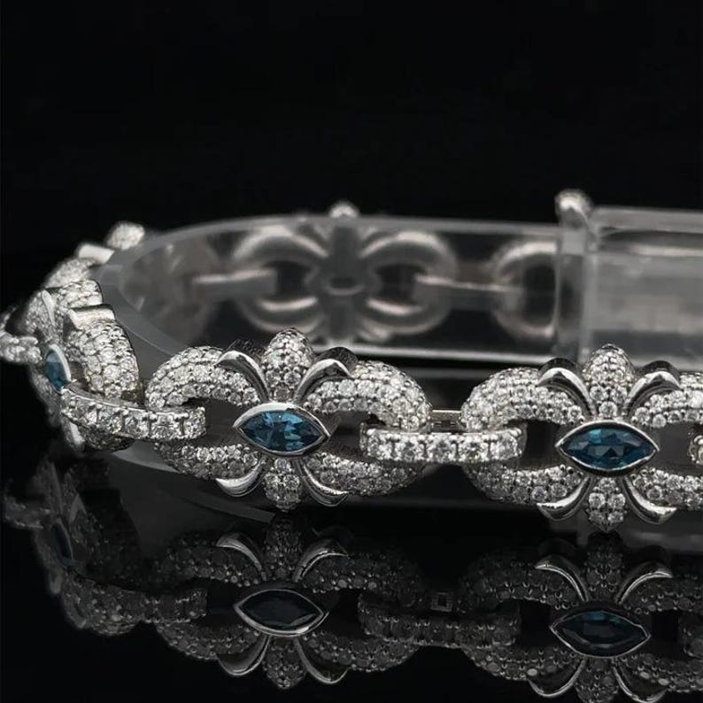 New VVS1 Diamond Cross Link Bracelet Blue Four-Leaf Clover Bracelet, Pass Diamond Tester, For Men / Women, Made in pure 925 Sterling Silver image 2