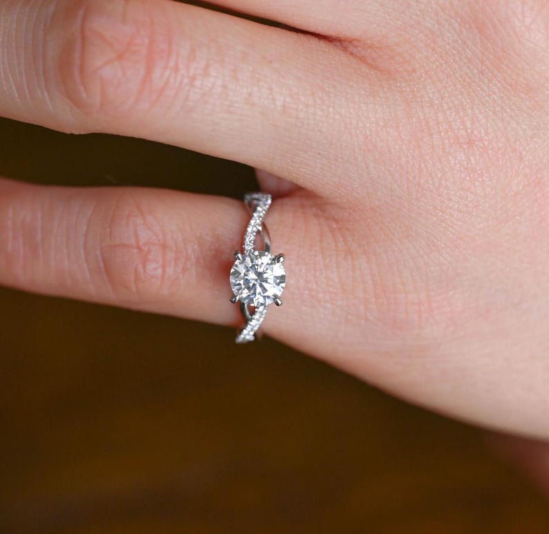 Solid Gold Twisted Band Round Cut Moissanite Engagement Ring, Infinity Promise Ring, Dainty Proposal Ring, Anniversary Gifts for Women Wife image 2