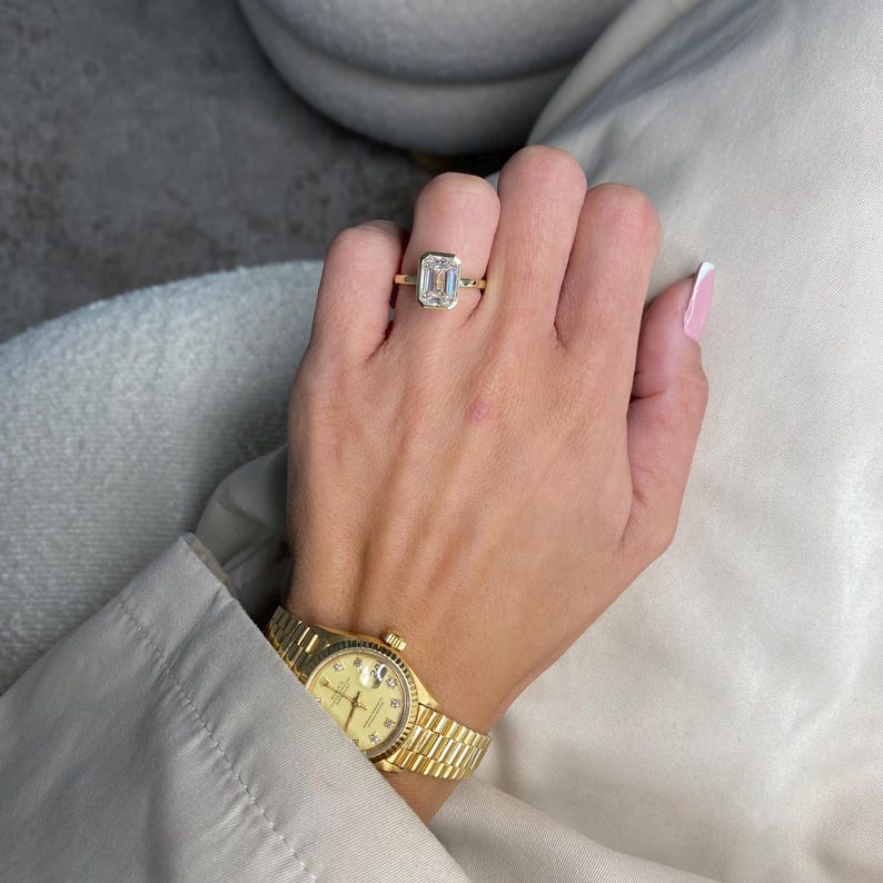 3 Carat Emerald Cut Lab Grown Diamond Engagement Ring | 14K Gold Bezel | IGI Certified image 3