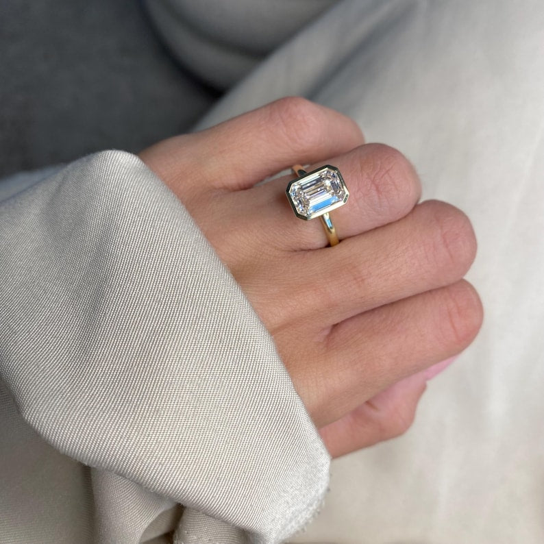 3 Carat Emerald Cut Lab Grown Diamond Engagement Ring | 14K Gold Bezel | IGI Certified image 4