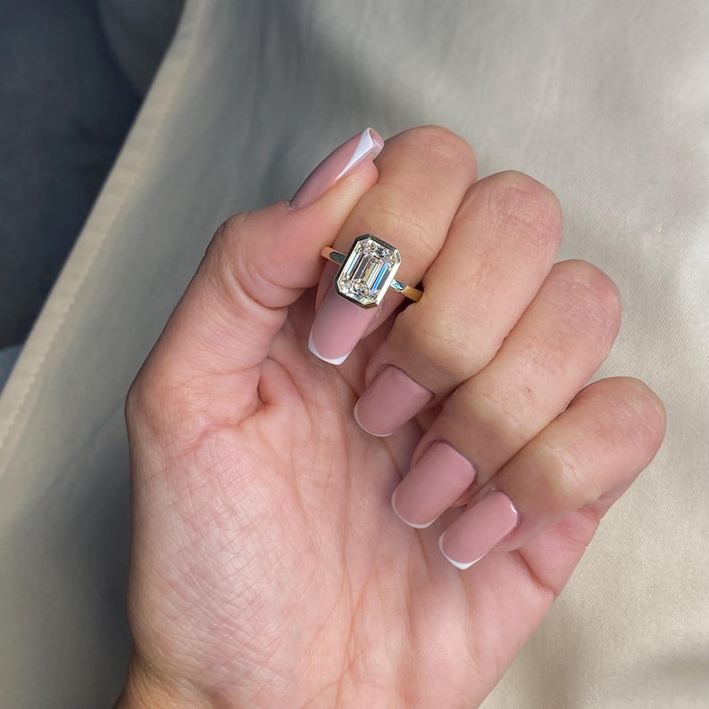 3 Carat Emerald Cut Lab Grown Diamond Engagement Ring | 14K Gold Bezel | IGI Certified image 1