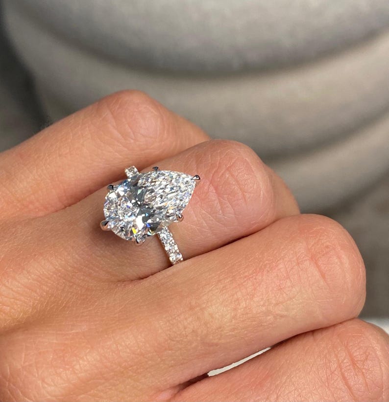 Show-Stopping Engagement Ring / 5.50 Carat Pear Shaped Luxurious Diamond Ring / IGI Certified E-VVS2 / 18k White Gold / Hidden Halo & Pave image 2