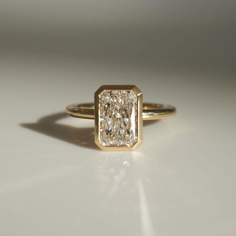 14k yellow gold, CVD diamond, IGL CERTIFIED, bezel set, diamond ring, emerald cut, emerald diamond, engagement ring, fine jewelry, lab created diamond, lab grown, lab grown diamond, wedding ring