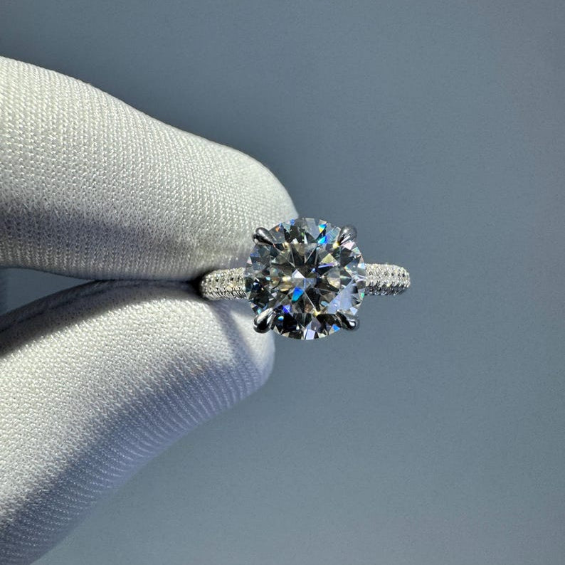 2.5ct Moissanite Engagement Ring: Round Hidden Halo, Pave Band Luxury Ring Gold Platinum Jewelry image 2