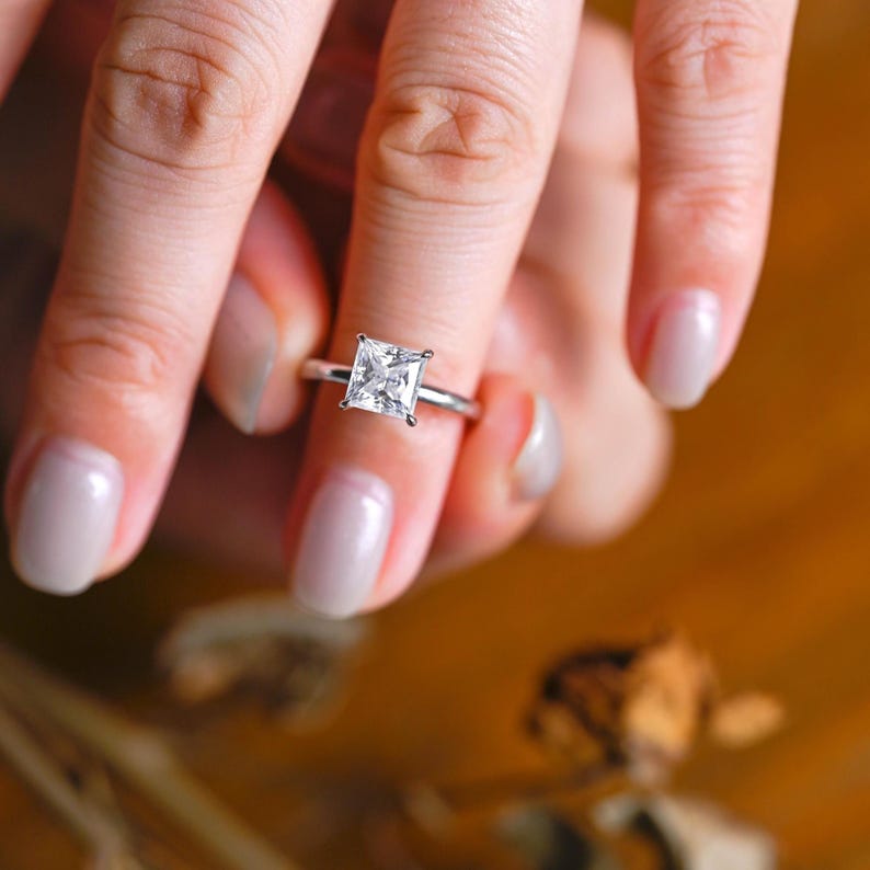 Princess Cut Moissanite Engagement Ring in Solid Gold with Hidden Halo, ZL151 image 4