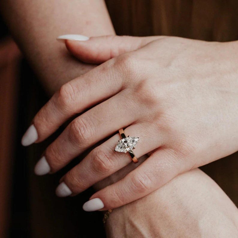 Solid Gold Marquise Moissanite Solitaire Ring: Wide Band Engagement image 6