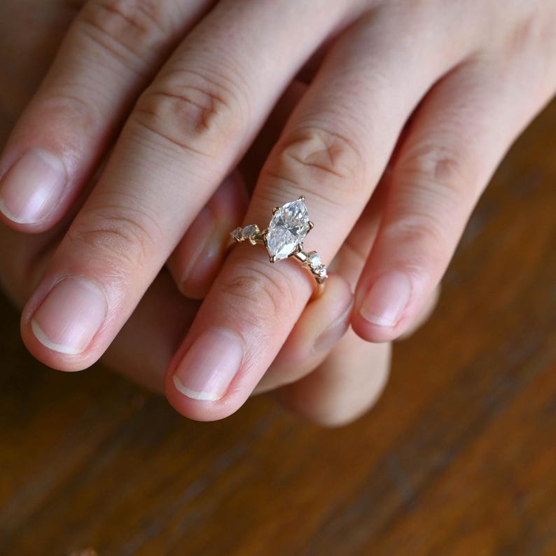 Solid Gold Hidden Halo Marquise Cut Moissanite Engagement Ring, Dainty Promise Ring, Proposal Ring, Bridal Ring, Anniversary Gift for Wife image 2