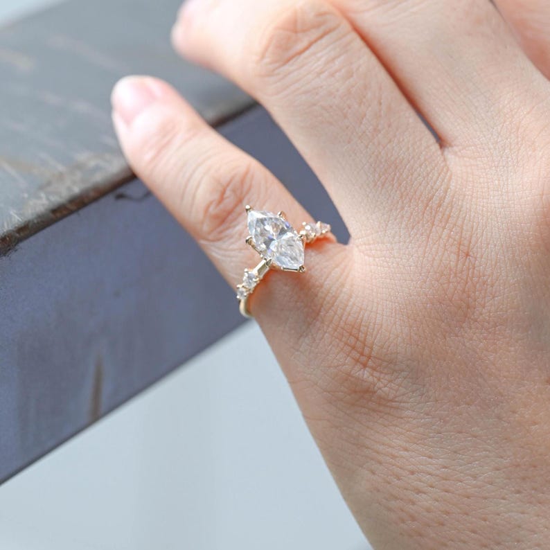 Solid Gold Hidden Halo Marquise Cut Moissanite Engagement Ring, Dainty Promise Ring, Proposal Ring, Bridal Ring, Anniversary Gift for Wife image 3