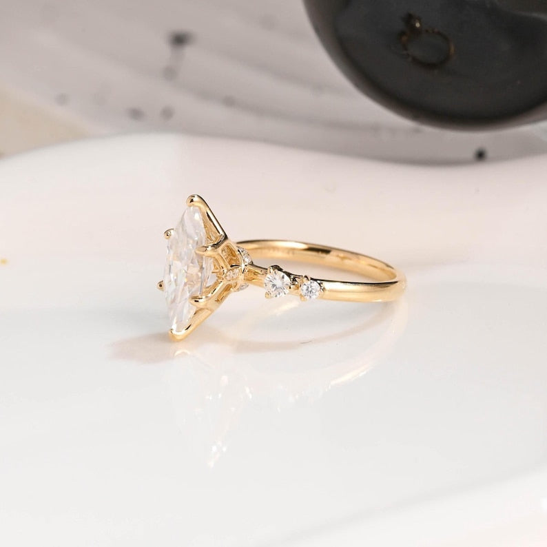 Solid Gold Hidden Halo Marquise Cut Moissanite Engagement Ring, Dainty Promise Ring, Proposal Ring, Bridal Ring, Anniversary Gift for Wife image 5