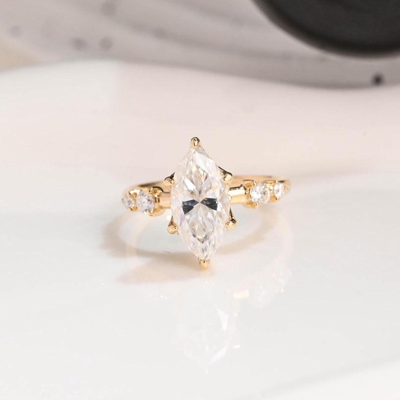 Solid Gold Hidden Halo Marquise Cut Moissanite Engagement Ring, Dainty Promise Ring, Proposal Ring, Bridal Ring, Anniversary Gift for Wife image 1