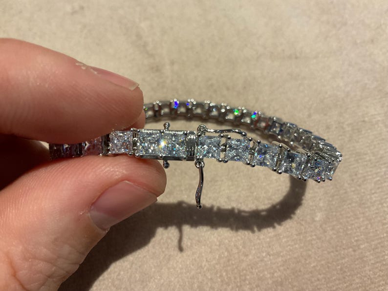 Lab Created Princess Cut Diamond Tennis Bracelet: Platinum Plated Sterling Silver 6.5 inch image 2