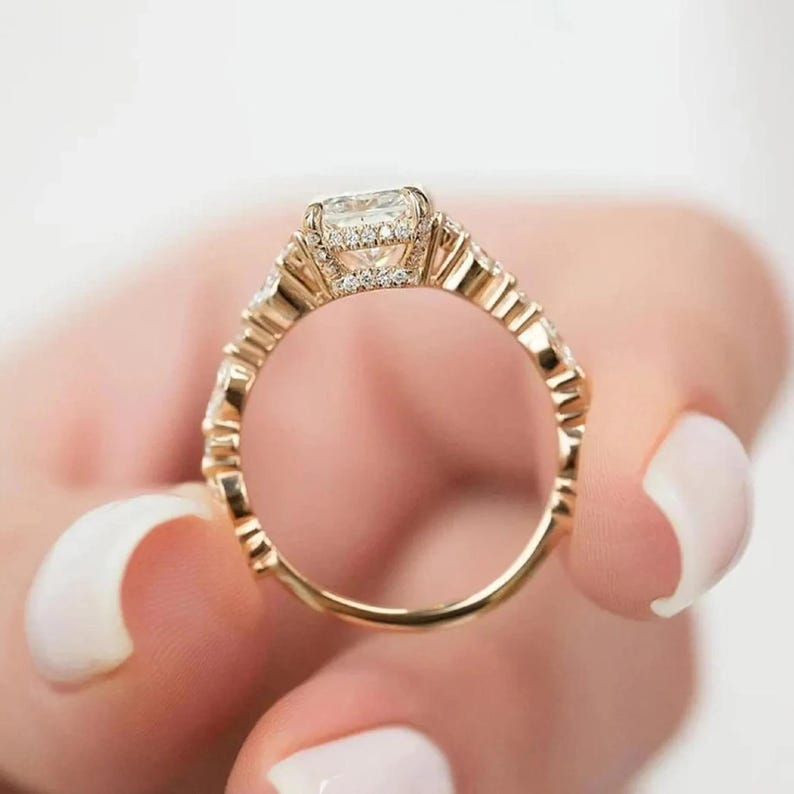Hidden Halo Radiant Cut Ring, 3.30ct Radiant Cut Moissanite Diamond Ring, 14K Yellow Gold Engagement Ring, Dainty Promise Ring, Gift For Her image 6