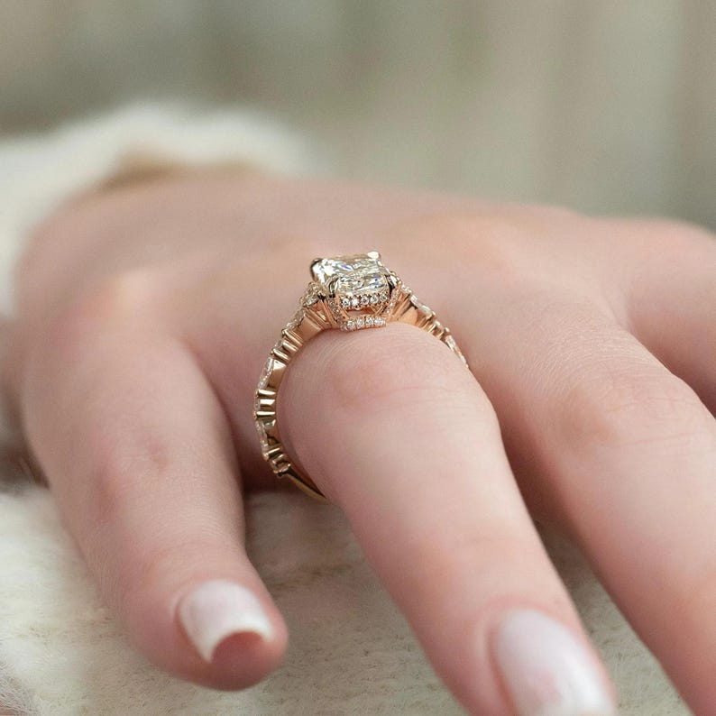Hidden Halo Radiant Cut Ring, 3.30ct Radiant Cut Moissanite Diamond Ring, 14K Yellow Gold Engagement Ring, Dainty Promise Ring, Gift For Her image 5