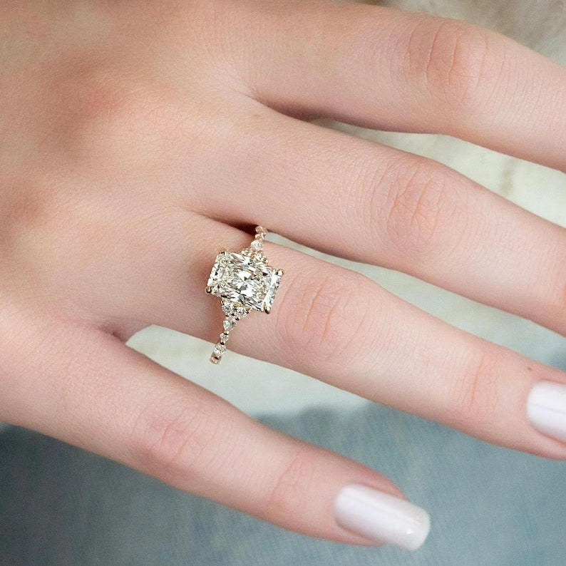 Hidden Halo Radiant Cut Ring, 3.30ct Radiant Cut Moissanite Diamond Ring, 14K Yellow Gold Engagement Ring, Dainty Promise Ring, Gift For Her image 7
