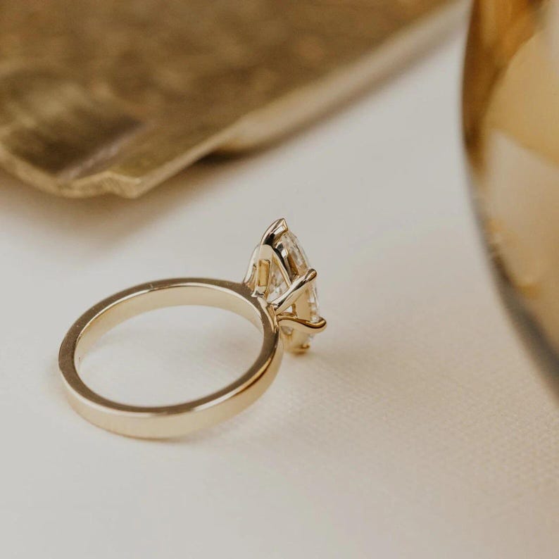 Solid Gold Marquise Moissanite Solitaire Ring: Wide Band Engagement image 4