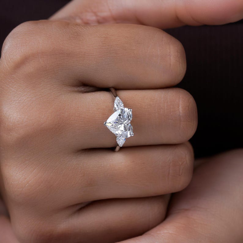 Heart Shape Lab Grown Diamond Engagement Ring, 2.83 CTW Heart & Pear Shape IGI Certified Diamonds, Three Stone Ring image 4