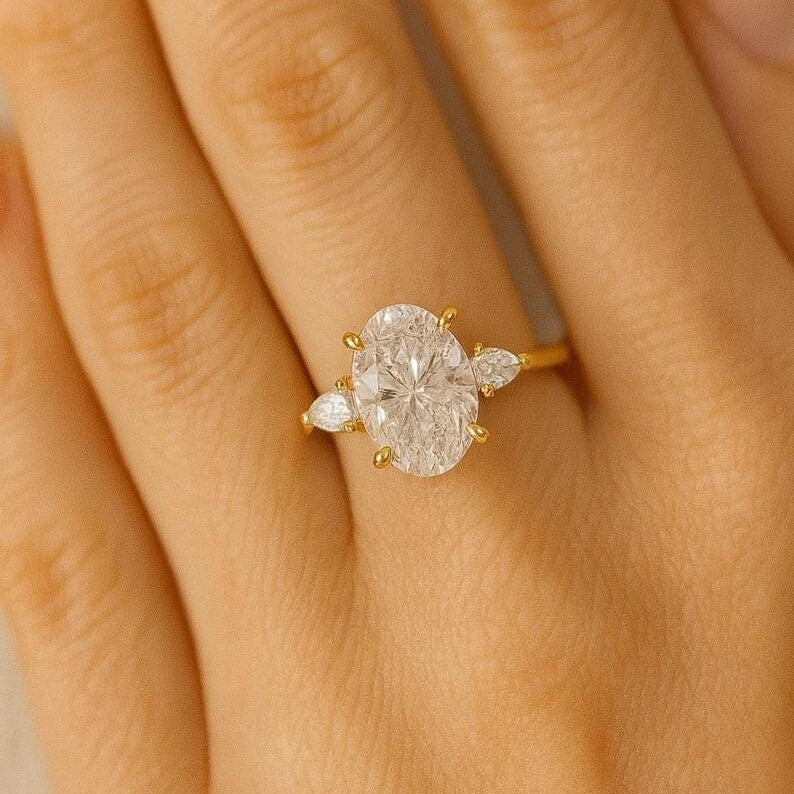 Petite Oval Cut Moissanite Diamond Three Stone Engagement Ring, 10K Solid Gold Promise Ring, Dainty Minimalist Jewelry image 2