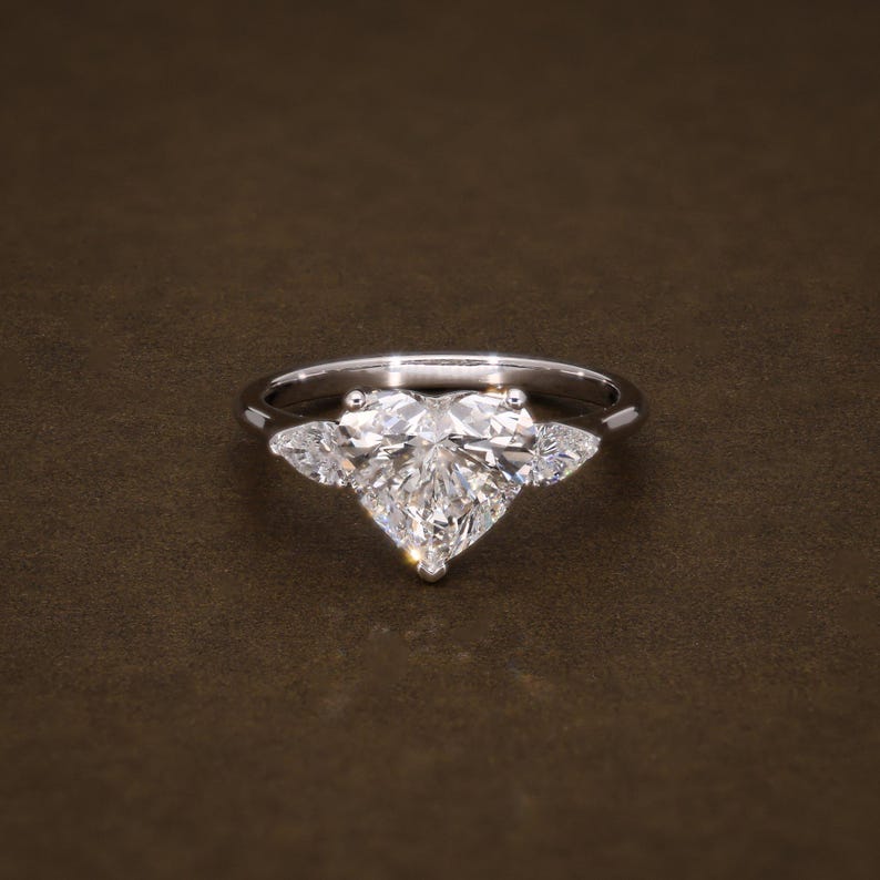 Heart Shape Lab Grown Diamond Engagement Ring, 2.83 CTW Heart & Pear Shape IGI Certified Diamonds, Three Stone Ring image 1