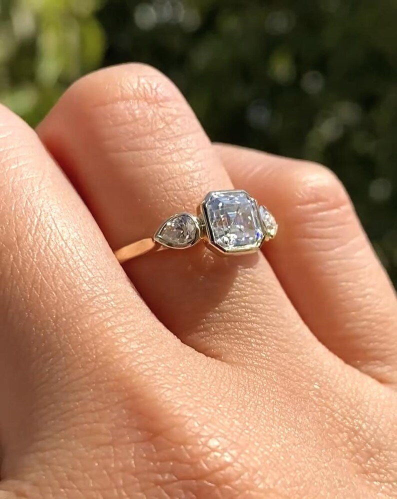 1 CT Asscher Cut Lab Grown Diamond Engagement Ring, Bezel Setting Three Stone Ring Side Pear Cut Stones, 14K Solid Gold Wedding Ring