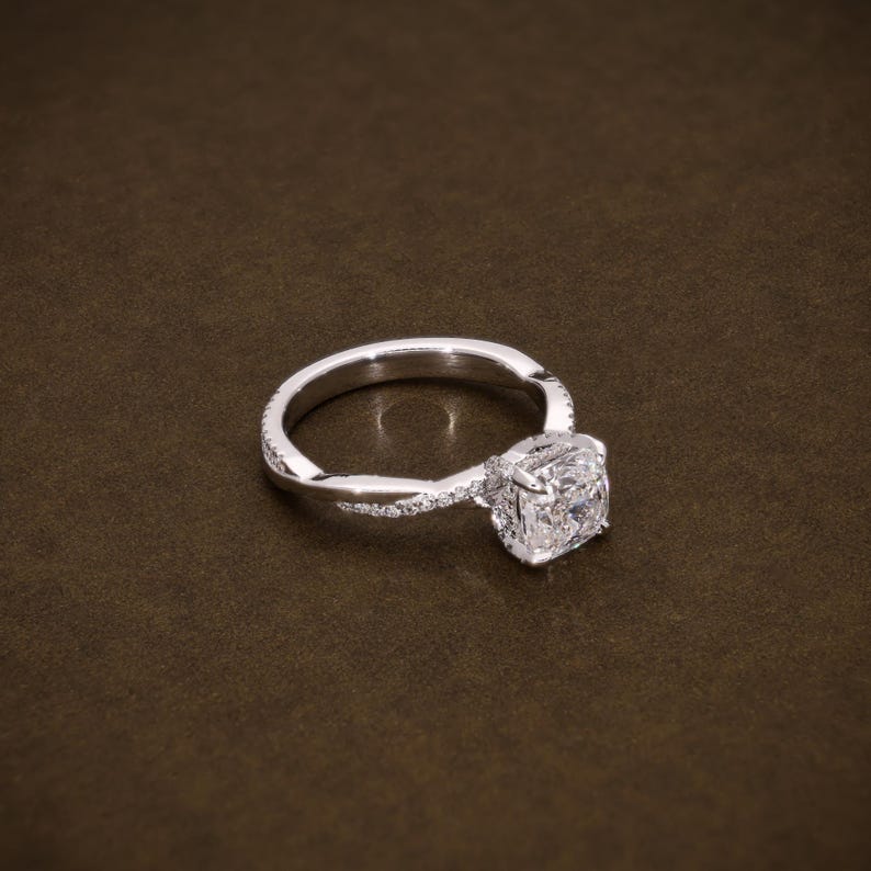 2.14 CTW Cushion Cut Lab Grown Diamond Vine Halo Engagement Ring in D Colour VVS2 IGI Certified Promise Ring for Her image 2