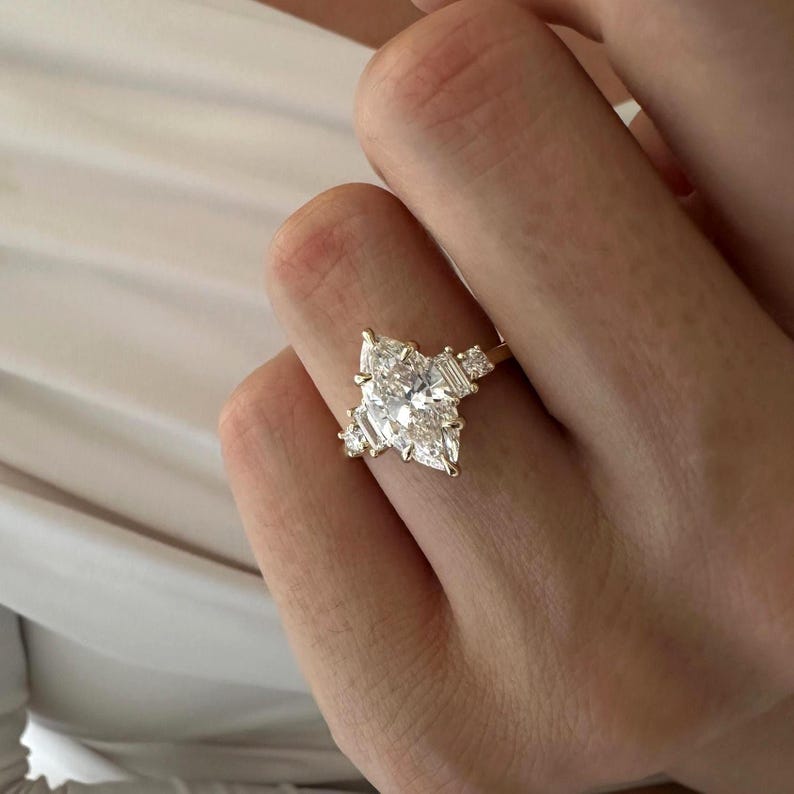2 Carat Marquise Five Stone Engagement Ring / Multi Stone Marquise Cut Diamond Ring / 5 Stone Diamond Ring / Yellow Gold 2ct Proposal Ring image 3