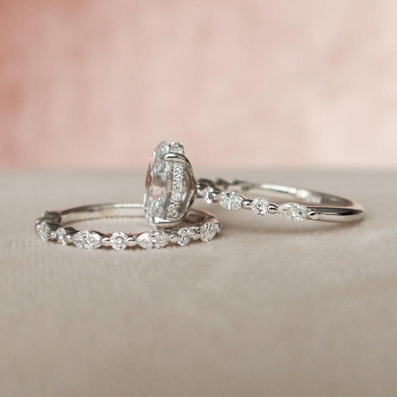 2.00 CT Oval Moissanite Engagement Ring Set: Art Deco Bridal Halo, Matching Bands image 7
