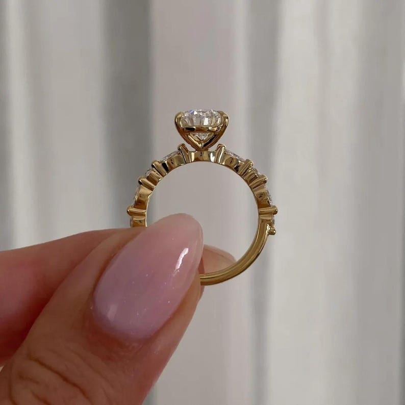 2CT Pear Moissanite Engagement Ring Pear Solitaire Ring With Marquise and Round Accent Ring Pave Half Eternity Band Pear 14k Solid Gold Ring image 5