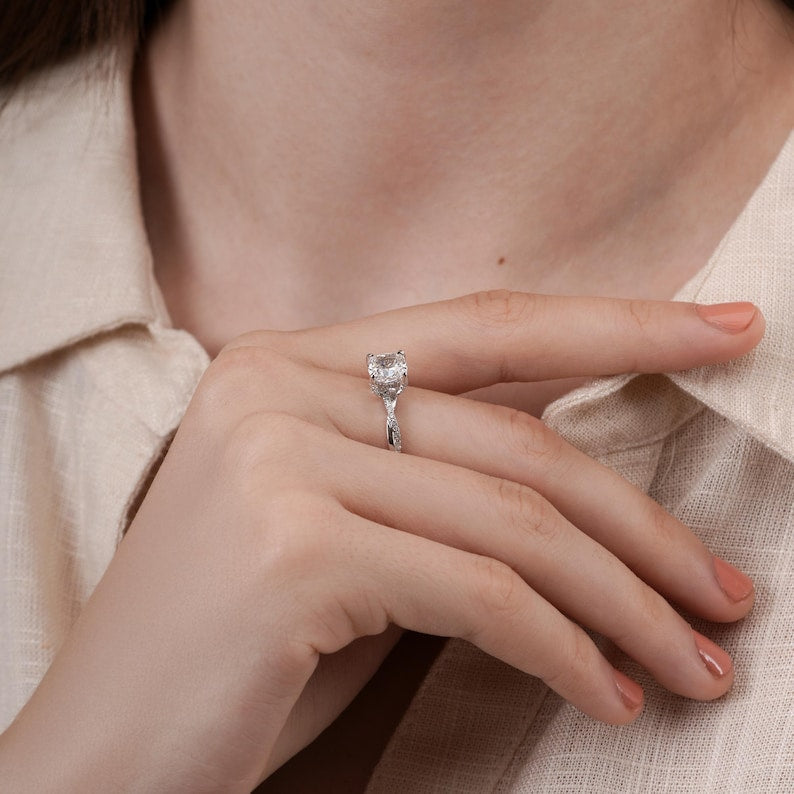 2.14 CTW Cushion Cut Lab Grown Diamond Vine Halo Engagement Ring in D Colour VVS2 IGI Certified Promise Ring for Her image 4